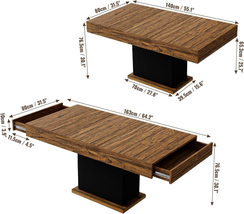 55" Dining Table for 4 to 6 People, Farmhouse Wood Dinner Table with Drawers & Led Lights for Kitchen, Dining Room & Living Room (Oak Brown & Black)