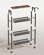 SONGMICS HOME Slim Rolling Cart, 4-Tier Storage Cart with Wheels and Handle, Narrow Utility Cart for Kitchen, Living Room, Brown and Black