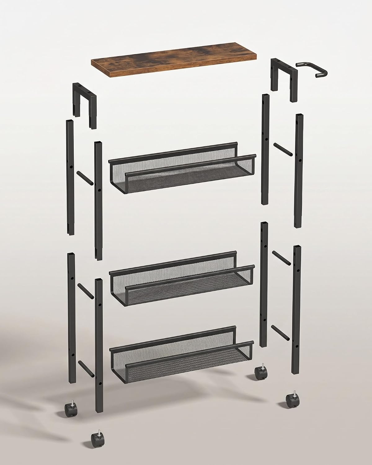 SONGMICS HOME Slim Rolling Cart, 4-Tier Storage Cart with Wheels and Handle, Narrow Utility Cart for Kitchen, Living Room, Brown and Black