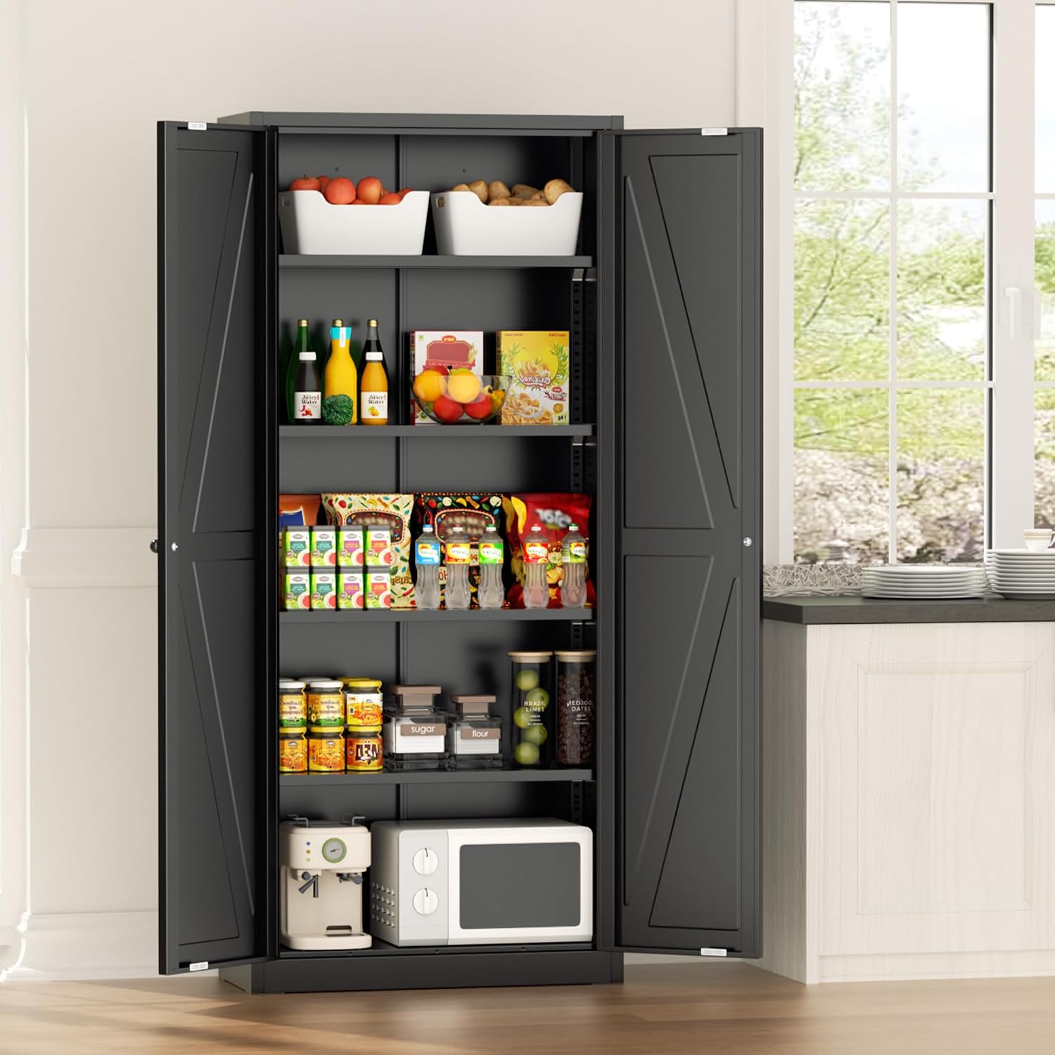 Greenvelly 63" H Black Farmhouse Metal Pantry Cabinet, Kitchen Pantry Storage Cabinets with 2 Doors and Adjustable Shelves, Kitchen Pantry Cabinets for Home, Garage and Bedroom