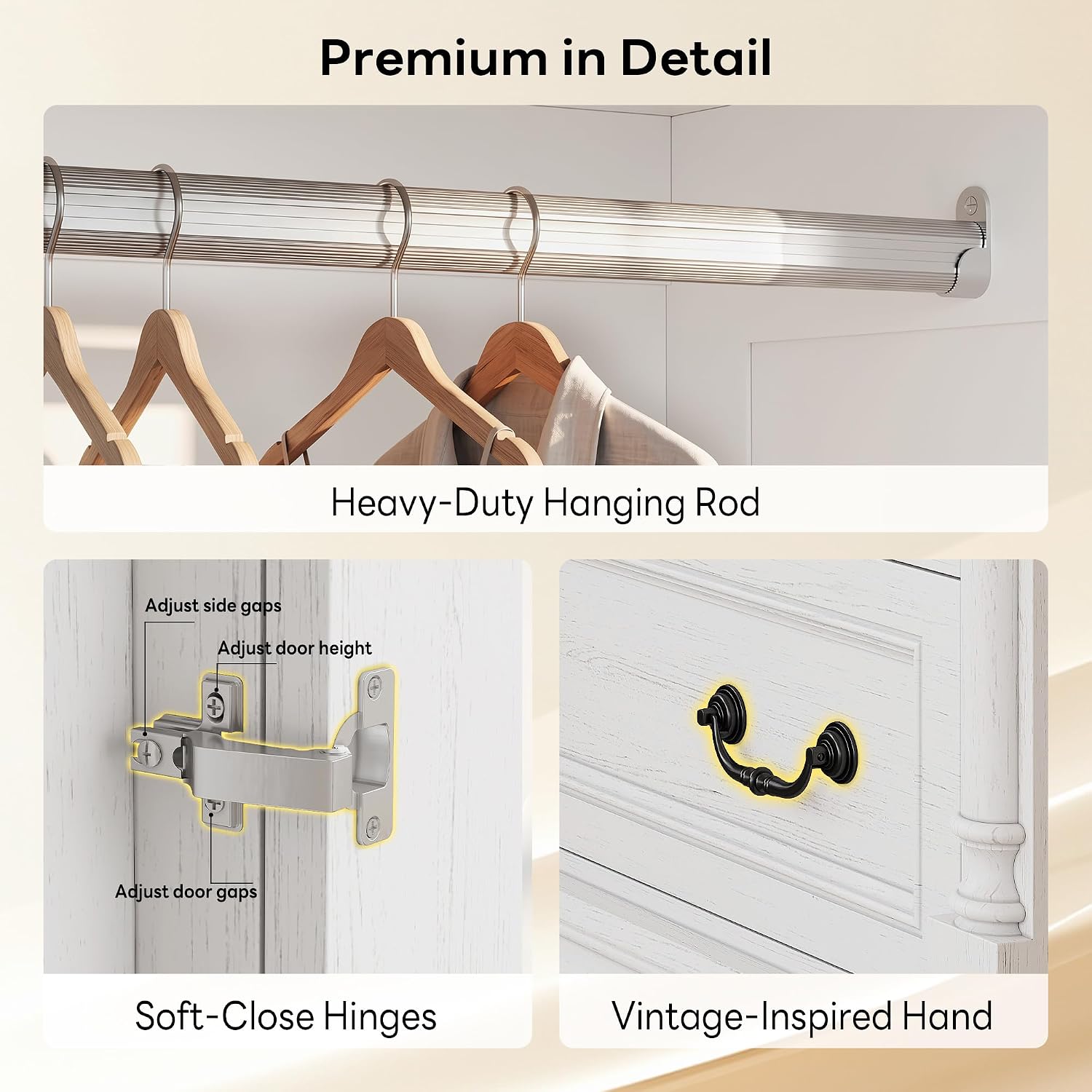 LIKIMIO Armoire Wardrobe Closet 70" with 2 Drawers for Bedroom, White | Farmhouse Wardrobe with Roman Column Doors, Hanging Rod and Side Hooks for Clothing Storage and Organization in Bedrooms