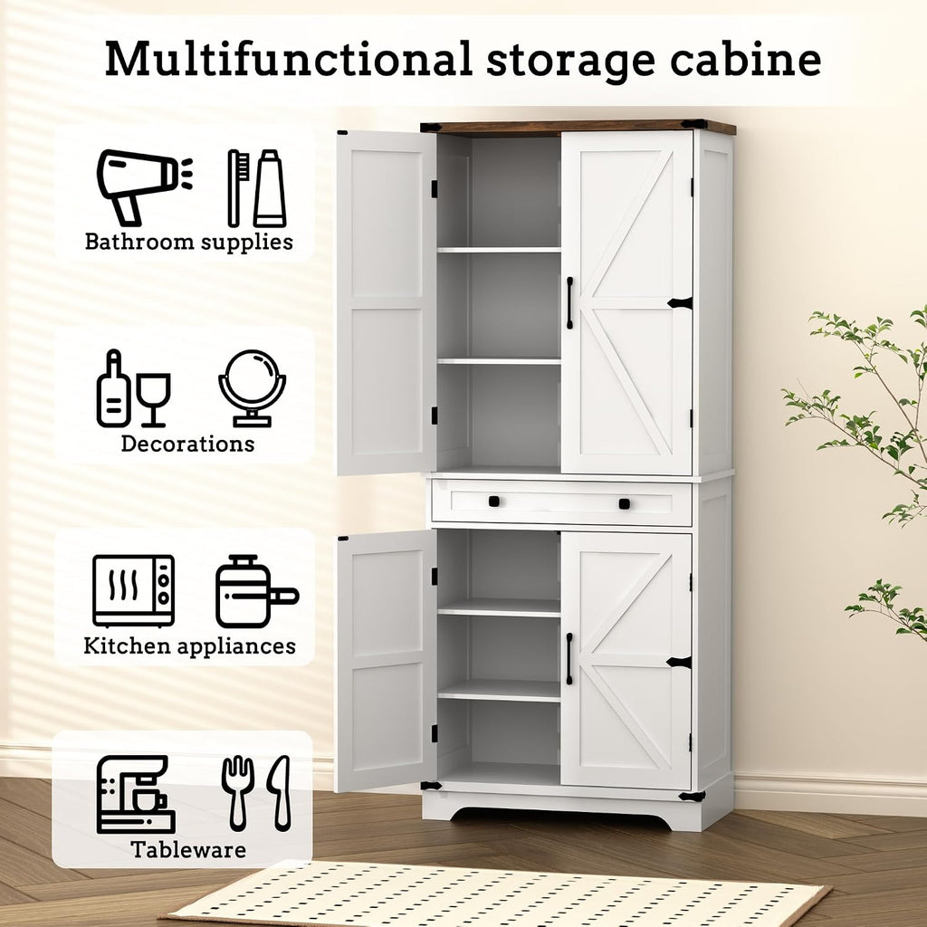 71" Tall Kitchen Pantry Storage Cabinet with Drawer & 4 Barn Doors, Freestanding Storage Cupboard with Adjustable Shelves, Large Capacity Floor Cabinet for Kitchen, Dining Room, Bathroom, White