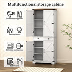 71" Tall Kitchen Pantry Storage Cabinet with Drawer & 4 Barn Doors, Freestanding Storage Cupboard with Adjustable Shelves, Large Capacity Floor Cabinet for Kitchen, Dining Room, Bathroom, White