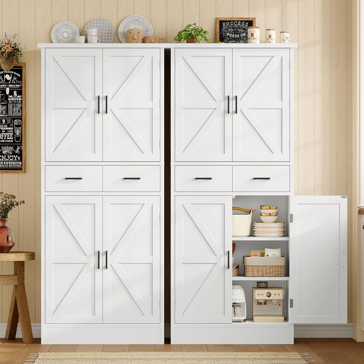 TEENFON Farmhouse Pantry Cabinet, 66.9″H Tall Kitchen Storage Cabinet with Barn Doors, Adjustable Shelves & Drawer, Freestanding Cupboard for Kitchen, Dining Room, Living Room, Bathroom, White