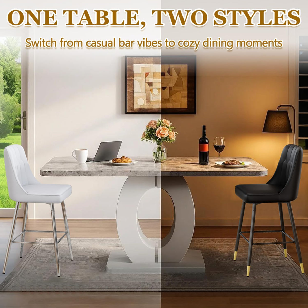 63'' Marble Dining Table Set for 6,Modern Counter Height Dining Table Set,Grey High Top Table with Leather Bar Stools,Bar Height Table Set Ideal for Dining,Pub,Kitchen