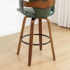 24.8" Swivel Bar Stools Set of 3,Mid Century Modern Counter Height Bar Stools,Green Upholstered Faux Leather Counter Stools with Arms and Fishtail-shaped Back,Walnut Wood Frame Home Bar Chair