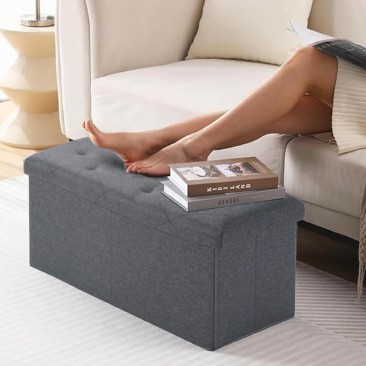 Folding Storage Ottoman Bench, Ottoman Foot Rest, End of Bed Bench, Storage Chest, for Living Room, Bedroom, Entryway, 35 Inches, Gray