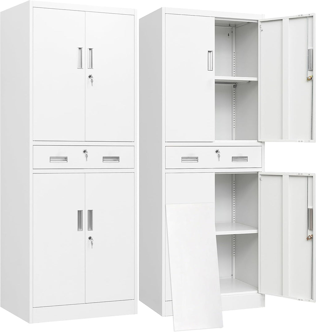 BESFUR Metal Storage Cabinet with a Drawer 4 Doors and 2 Adjustable Shelves Garage Storage Cabinet with Lock 71" Office Storage Cabinets Locking Cabinets for Garage Office Shop Home (White)