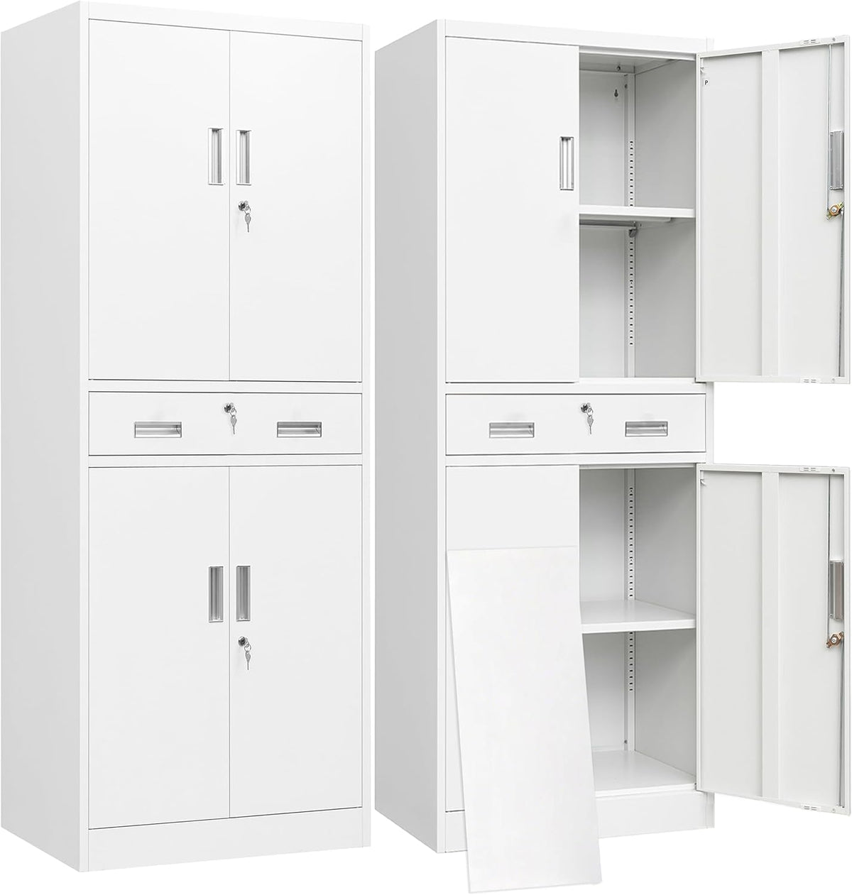 BESFUR Metal Storage Cabinet with a Drawer 4 Doors and 2 Adjustable Shelves Garage Storage Cabinet with Lock 71" Office Storage Cabinets Locking Cabinets for Garage Office Shop Home (White)