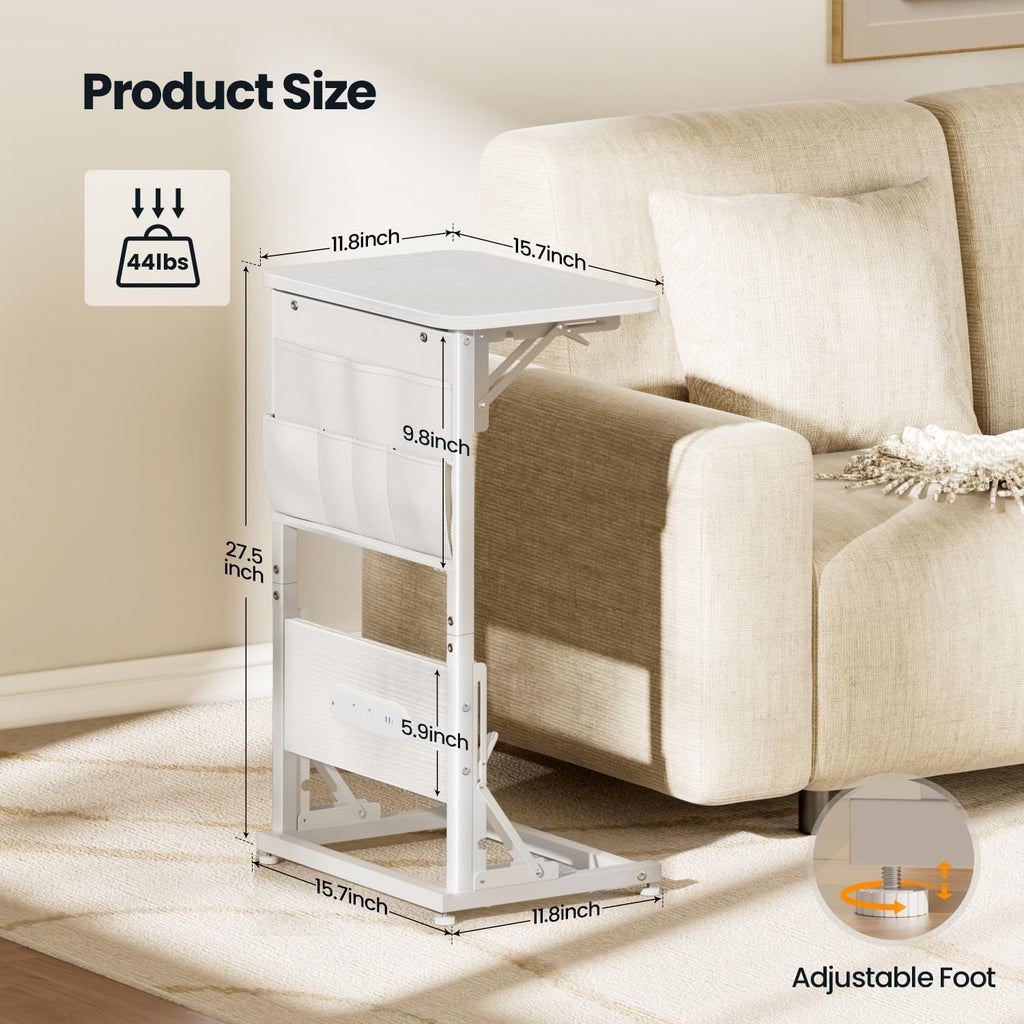 HLDIRECT C Shaped End Table with Charging Station, Couch Side Table with Storage Bag, Foldable TV Tray with 2 USB Ports and Outlets for Living Room, Bedroom, White