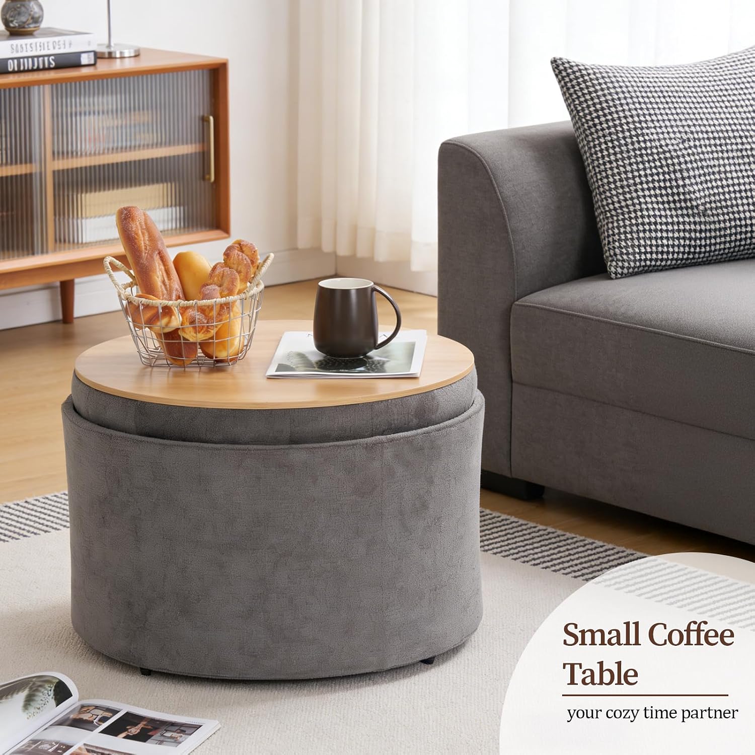 ONBRILL 24" Round Ottoman Coffee Table, Storage Ottoman with Lift-Off Lid | Large Size, Sturdy Steel Frame, 15.4" Height Foot Stool（Better for Low-Profile Sofa), Extra Seat, Entryway Shoe Bench