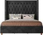 PaPaJet King Bed Frame 61.4" Tall Upholstered Wingback Headboard, Black