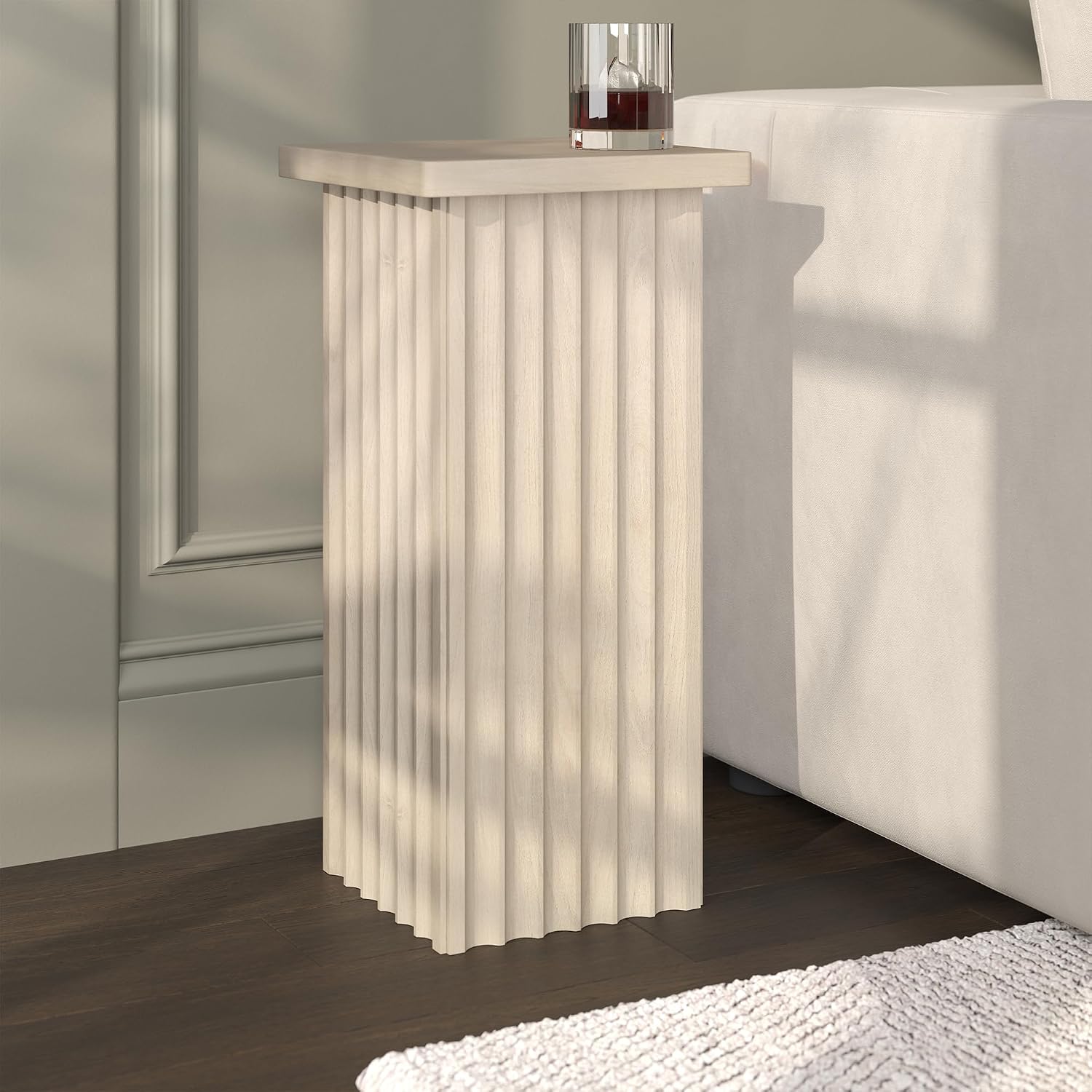 Henn&Hart 11'' Fluted Modern Wooden Square End Table, Ribbed Side Table, Nightstand for Living Room, Office, Family Room, or Bedroom, Alder White