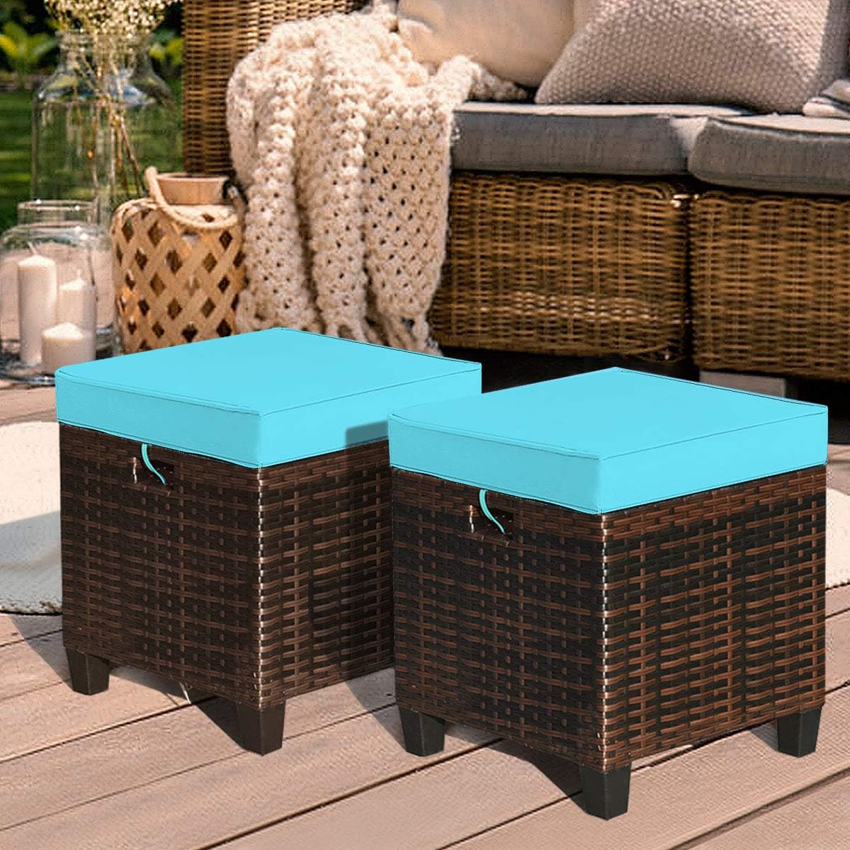 HAPPYGRILL 2pcs Patio Ottoman Set Outdoor Rattan Wicker Ottoman Seat with Removable Cushions Patio Furniture Footstool Footrest Seat