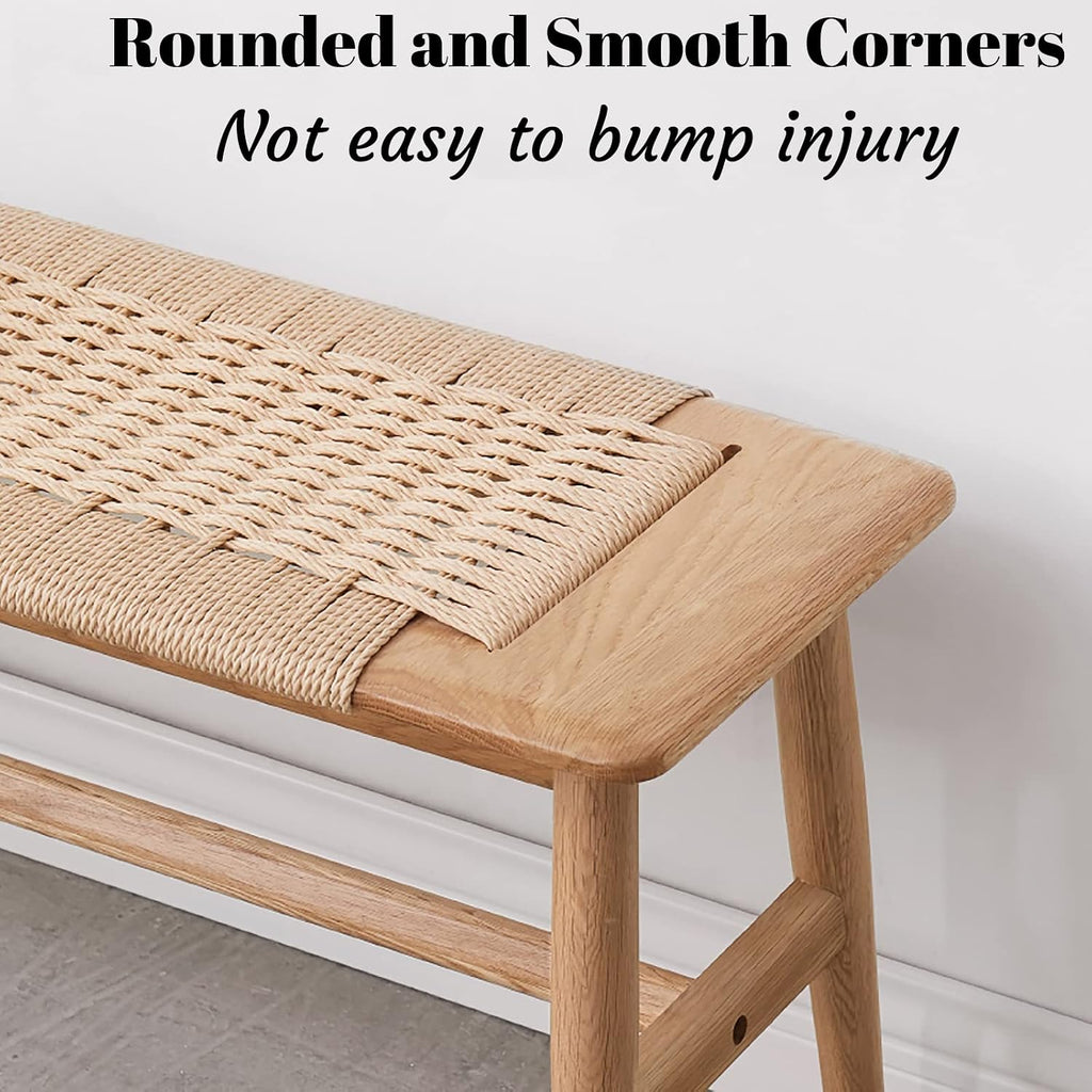 Rattan Wood Bench,100% Solid Oak Dining Bench with Woven Design, Sturdy Mortise Bench for Bench,Entryway,Dining,White/Beige Color (47.24inch Beige Color)