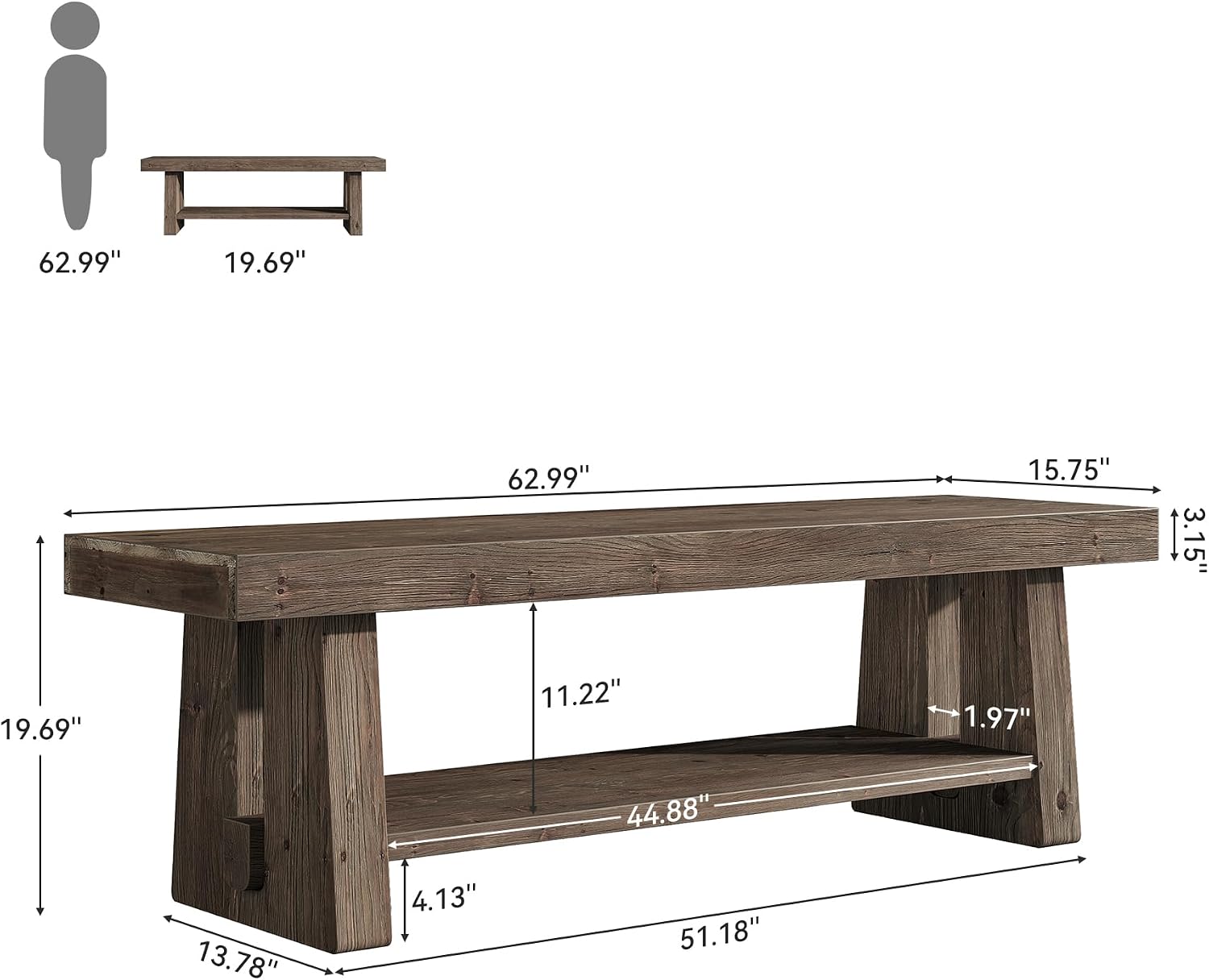63'' Solid Wood Entryway Bench with Open Shelves, 2-Tier End of Bed Bench, Farmhouse Wooden Bench Indoor for Dining Room, Living Room, Hallway, Bedroom