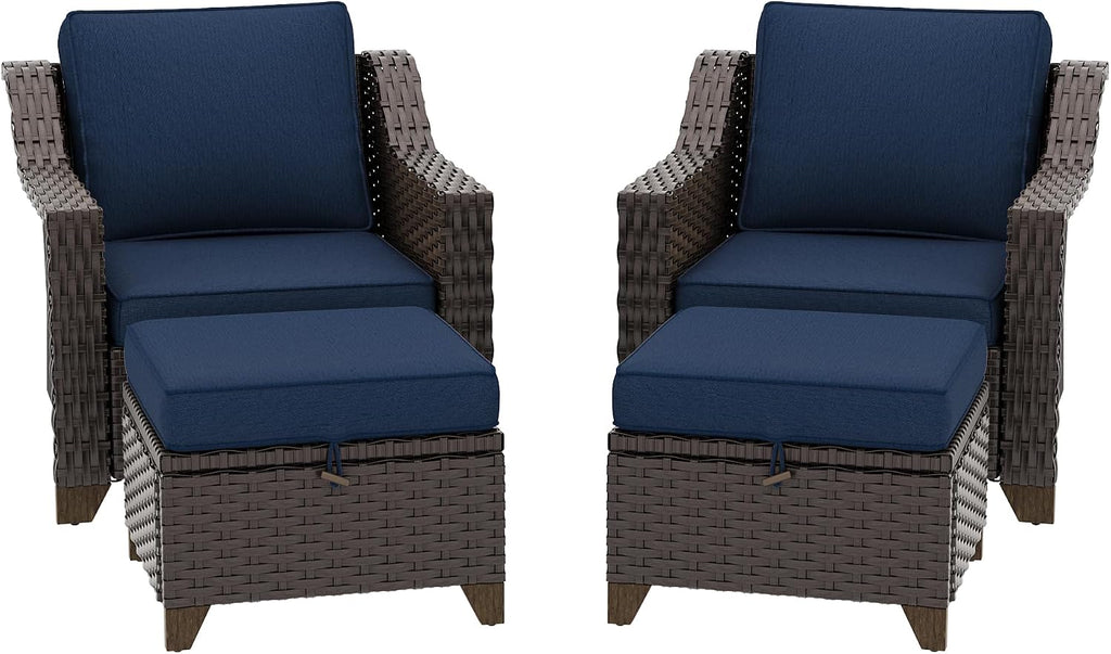 4 Pieces Patio Conversation Furniture Set - 2 Chairs with Ottomans Set of 2, Outdoor Wicker Armchairs with Water-Resistant and Washable Cushions for Porch, Balcony, Sunroom (Navy Blue)