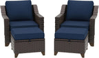 4 Pieces Patio Conversation Furniture Set - 2 Chairs with Ottomans Set of 2, Outdoor Wicker Armchairs with Water-Resistant and Washable Cushions for Porch, Balcony, Sunroom (Navy Blue)