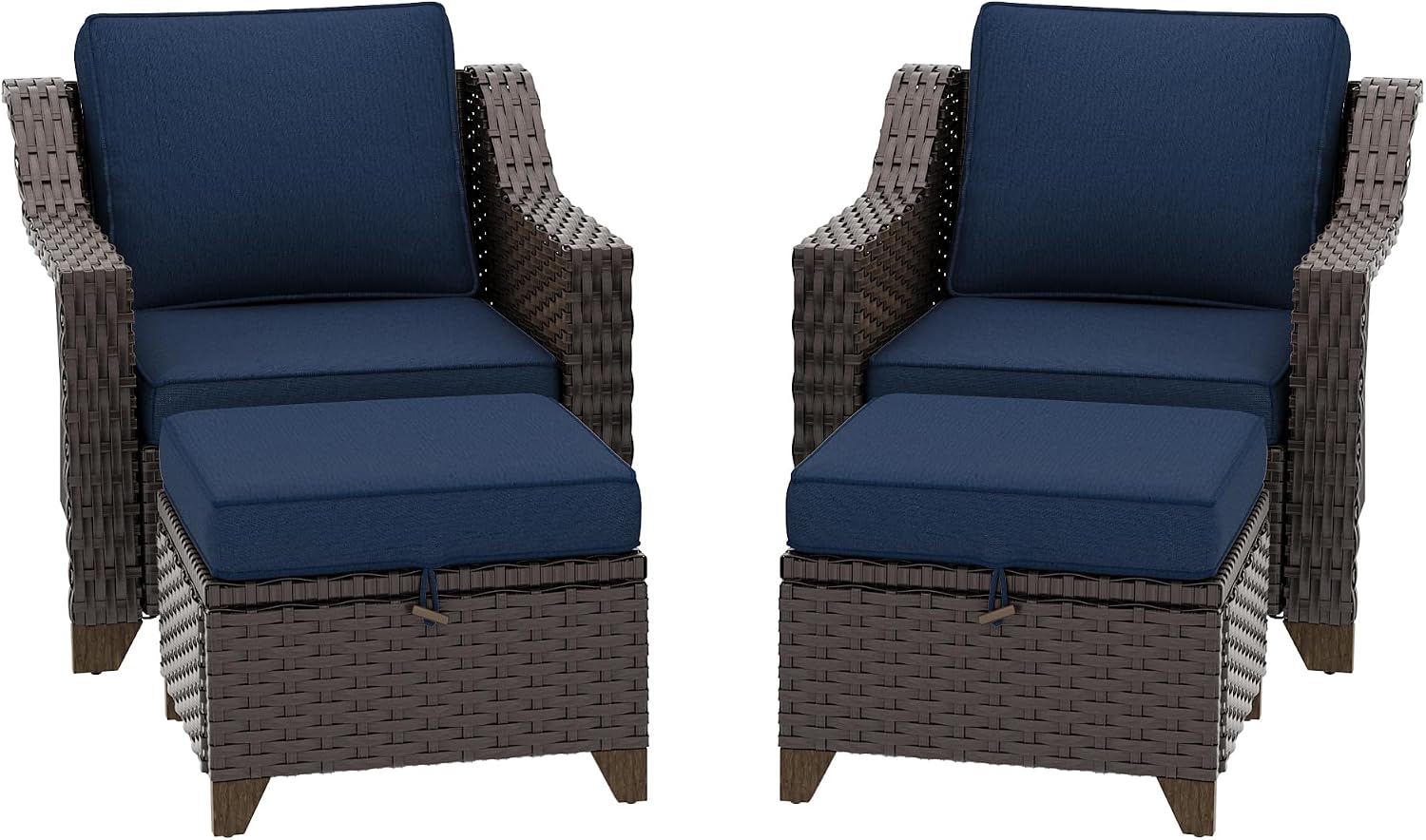 4 Pieces Patio Conversation Furniture Set - 2 Chairs with Ottomans Set of 2, Outdoor Wicker Armchairs with Water-Resistant and Washable Cushions for Porch, Balcony, Sunroom (Navy Blue)
