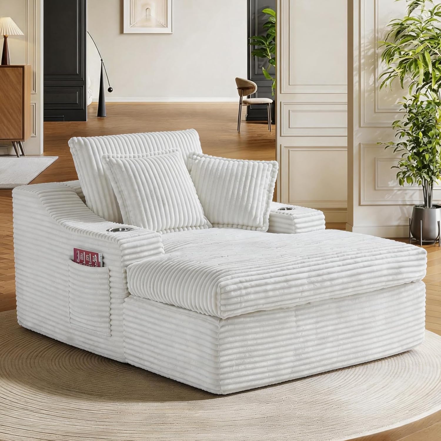 Oversized Chaise Lounge Chair Indoor, Upholstered Sleeper Sofa Bed | Couch with Cup Holders & 2 Pillows, Deep Seat Corduroy Cloud Sofa for Living Room, No Assembly Reading Chair, White