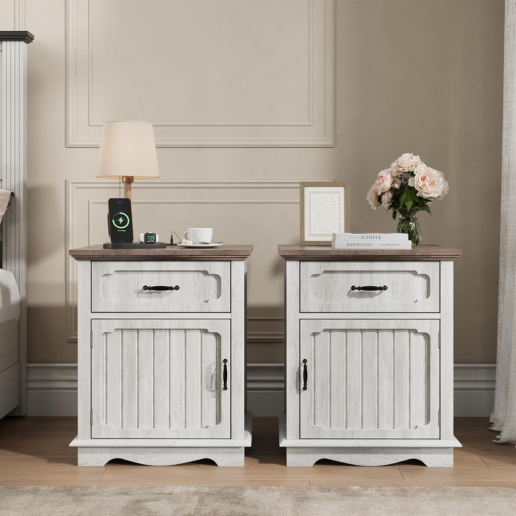 Halitaa Nightstands Set of 2 with Charging Station, White Oak | Bedside Table with Large Drawer, Side Table with Storage Cabinet and Adjustable Shelf, Farmhouse End Table for Bedroom