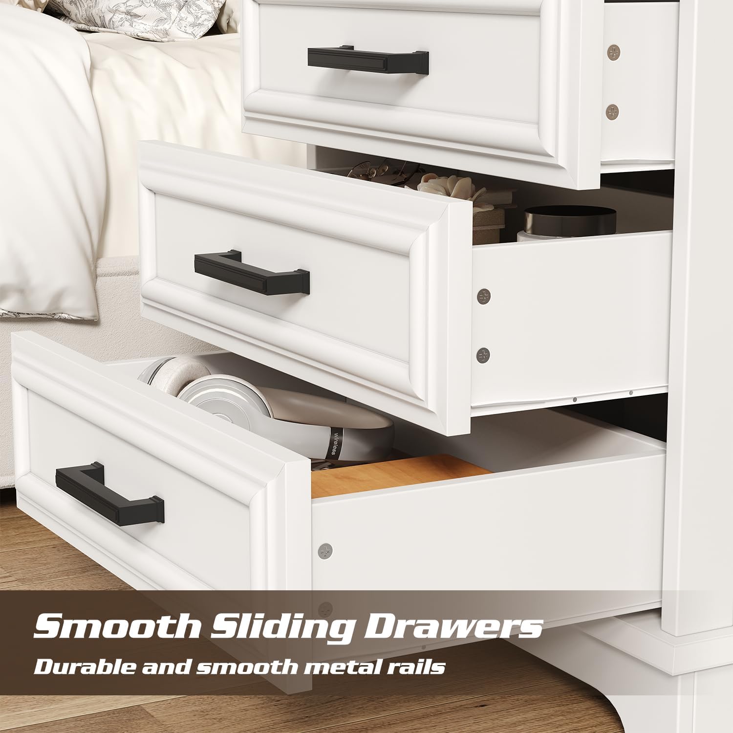 knoworld 24 Inch Wide Farmhouse Nightstands Set of 2 with Charging Station, White Nightstand with 3 Large Drawers, Rustic Wood End Table for Bedroom