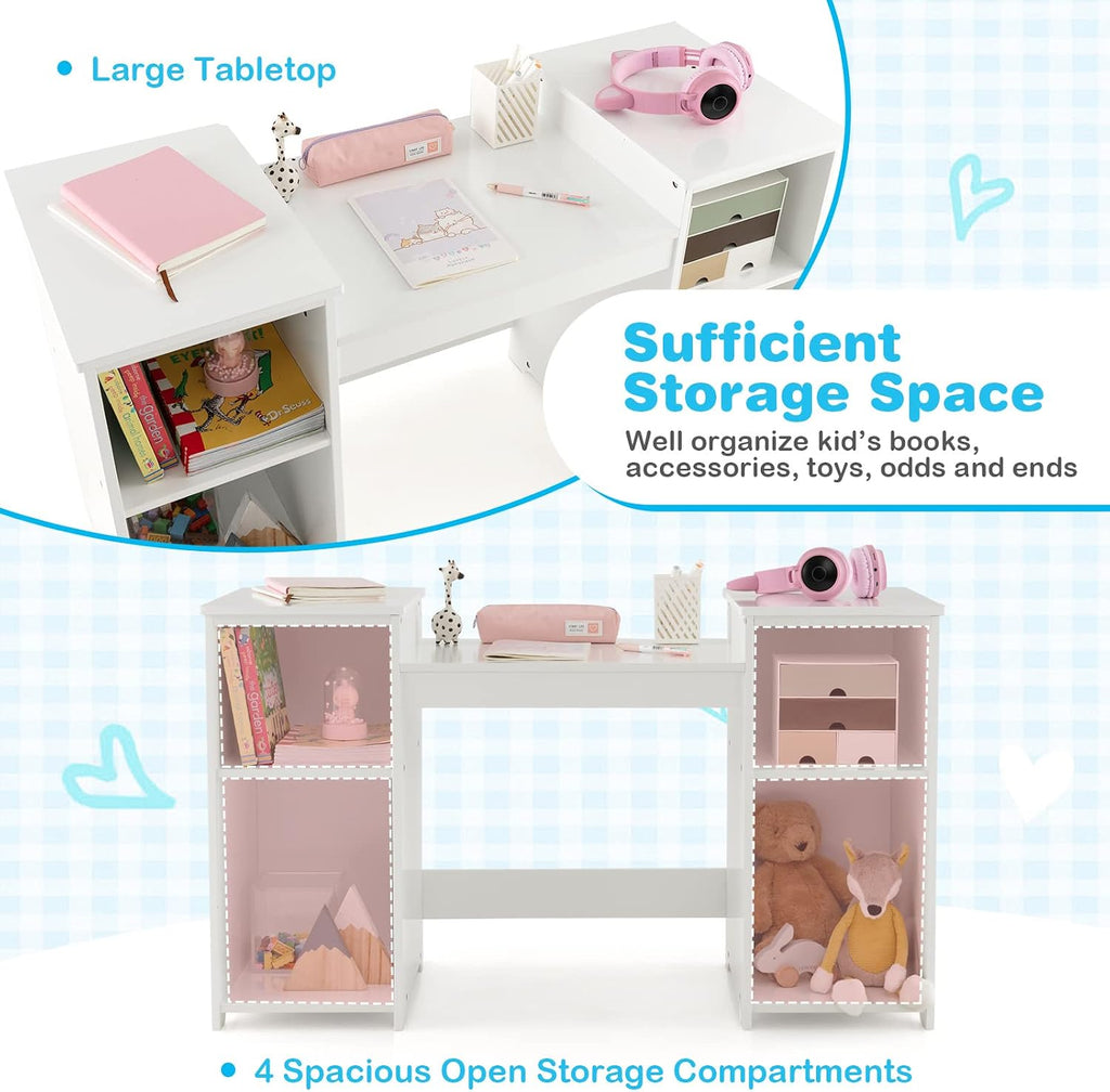 HONEY JOY Kids Vanity, Little Girls Vanity Set with Mirror and Stool, Storage Shelves, Wooden Princess Makeup Dressing Table, Toddler Vanity, Pretend Play Kids Vanity Table and Chair Set (White)