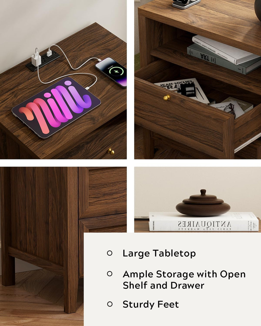 Farmhouse End Table with 2 Drawers Set of 2, Wooden Nightstand with Open Storage Cable Hole Freestanding Wide Bedside Table for Bedroom Living Room Sofa, Brown
