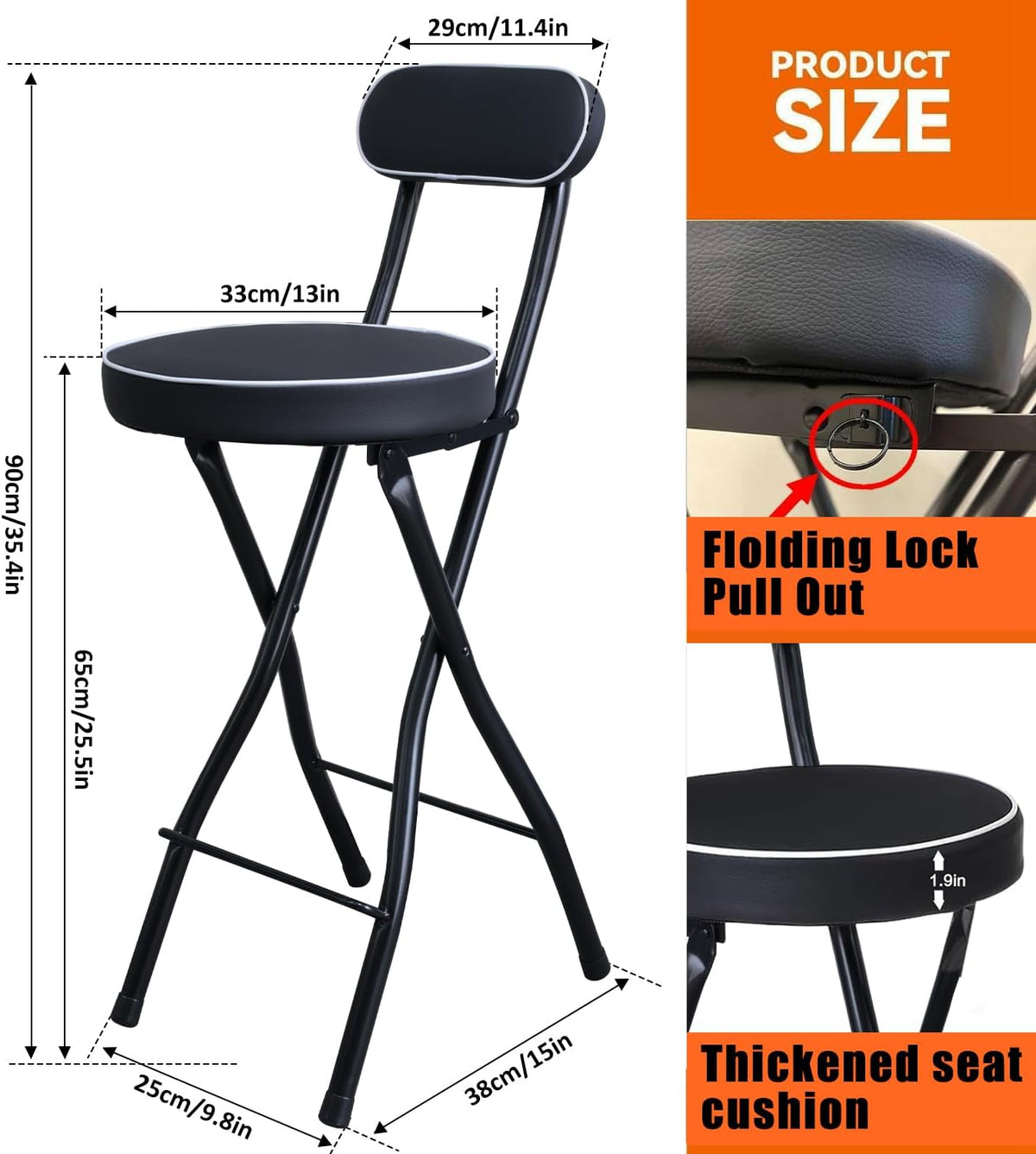 UWEAR 1 PCS Folding Bar Stool with Back, Tall Foldable Stool Seat Padded Portable Stools Counter Height Foldable Stools Chairs Collapsible Stool for Adults Kitchen Island (Black)
