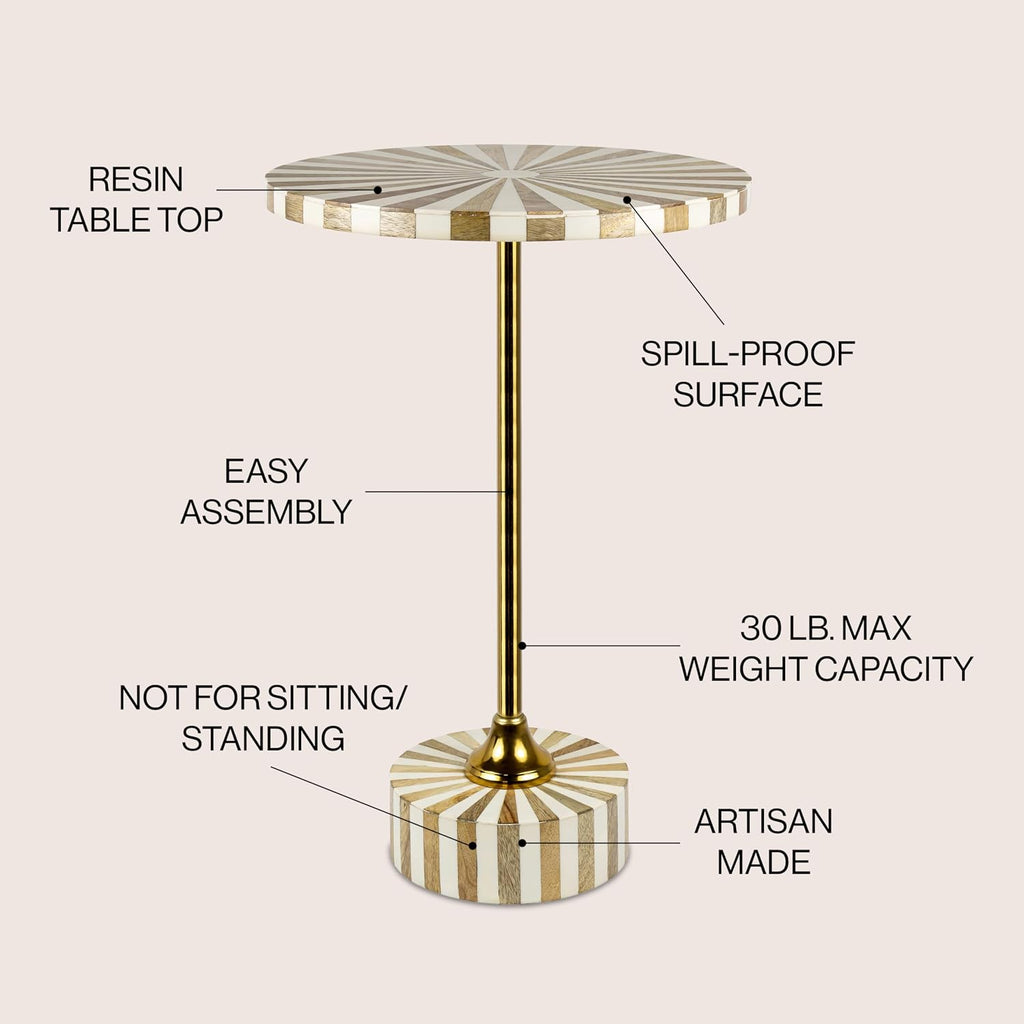 JONATHAN Y Calix 23.5" Round Sunburst Pedestal Drink Table, Light Brown | Modern Art Deco Style, Glossy Gold Metal Candlestick Leg, Ideal For Small Spaces, Living Room Or Bedroom, Spill-Proof Top