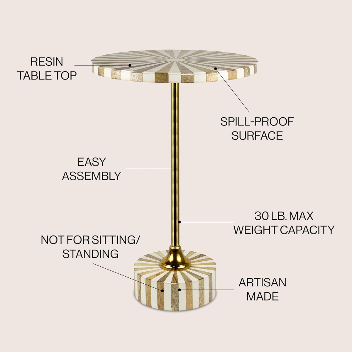 JONATHAN Y Calix 23.5" Round Sunburst Pedestal Drink Table, Light Brown | Modern Art Deco Style, Glossy Gold Metal Candlestick Leg, Ideal For Small Spaces, Living Room Or Bedroom, Spill-Proof Top