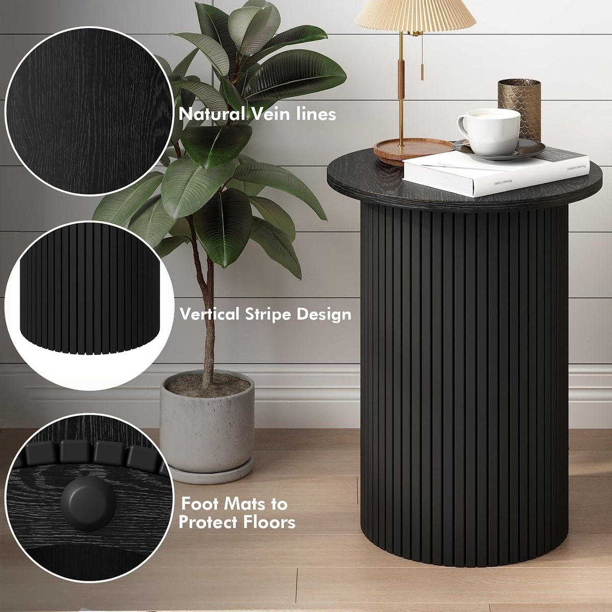 Wnutrees Round Fluted End Table, Small Accent Pedestal Side, Black