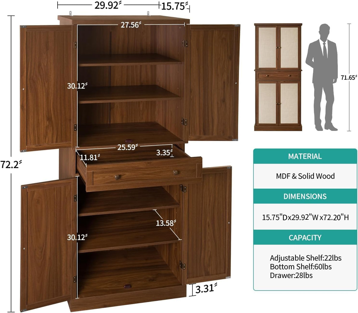 72" Kitchen Pantry Cabinet with Rattan Doors, Tall Pantry Storage Cabinet with 4 Adjustable Shelves & Large Central Drawer, Boho Cupboard for Kitchen, Dining Room, Living Room, Walnut