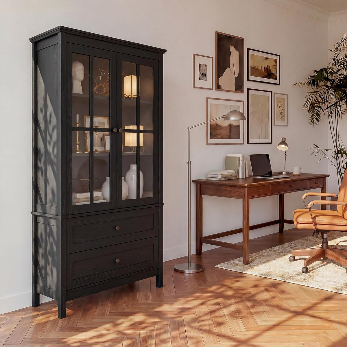63" Kitchen Pantry Cabinet, Modern Farmhouse Storage Cabinet with Tempered Glass Doors & 2 Large Drawers, Wood Cupboard with Adjustable Shelves for Dining Room, Kitchen, Black