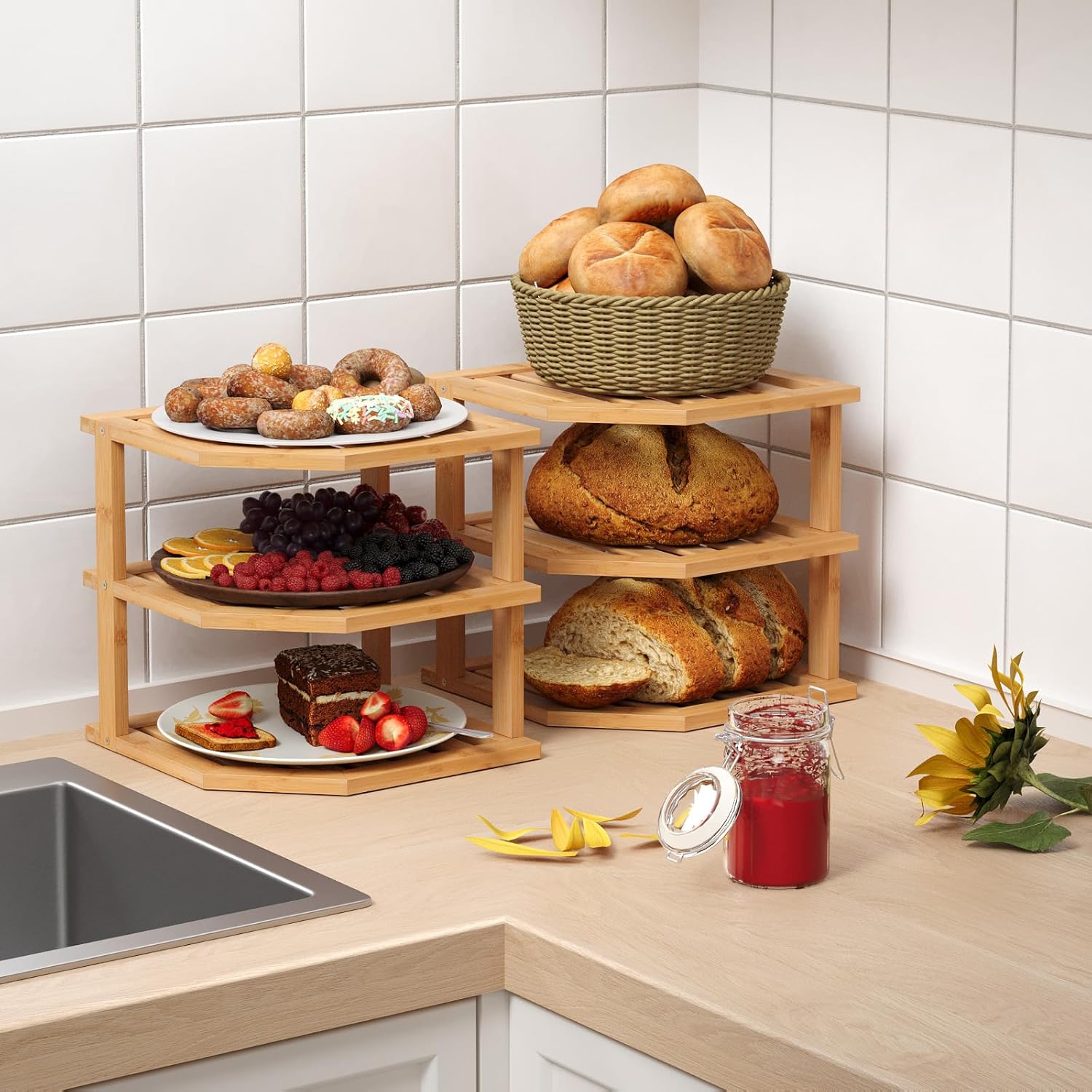 VERTORGAN 3 Tier Bamboo Corner Shelf(2 Pack),Plate Organizer,Dish Drying Rack,Kitchen Spice Rack for Countertop and Cabinet