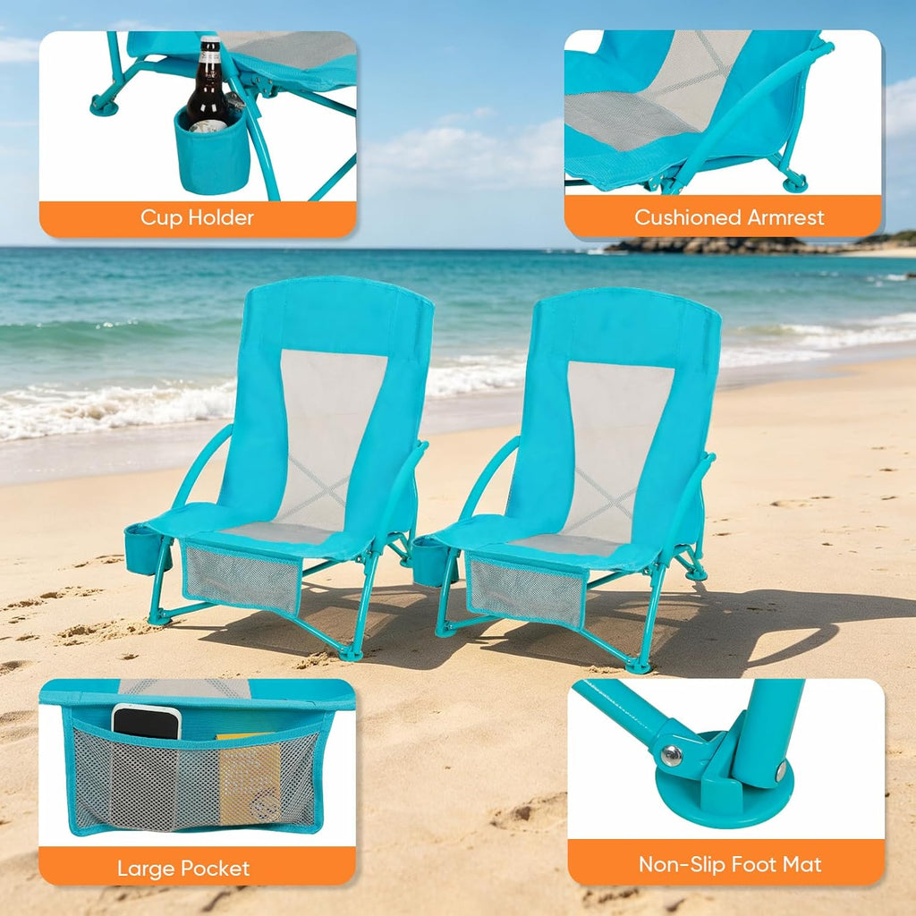 Folding Beach Chair Set of 3, Portable Camping Chairs with Table, Carrying Bag, Cup Holders, Outdoor Breathable Mesh Seat, 225lbs Heavy Duty Beach Chair for Camp Sand Travel Sunbathing
