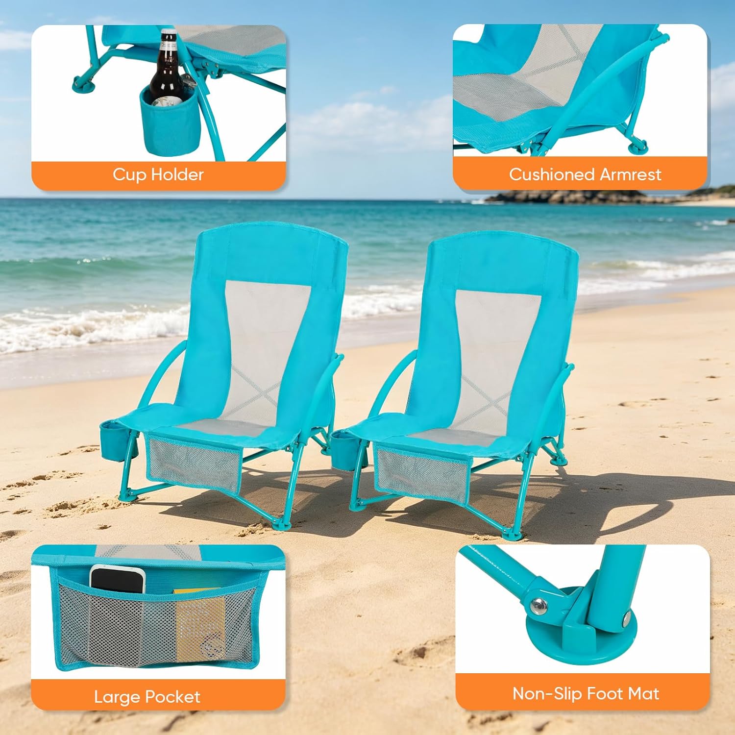 Folding Beach Chair Set of 3, Portable Camping Chairs with Table, Carrying Bag, Cup Holders, Outdoor Breathable Mesh Seat, 225lbs Heavy Duty Beach Chair for Camp Sand Travel Sunbathing