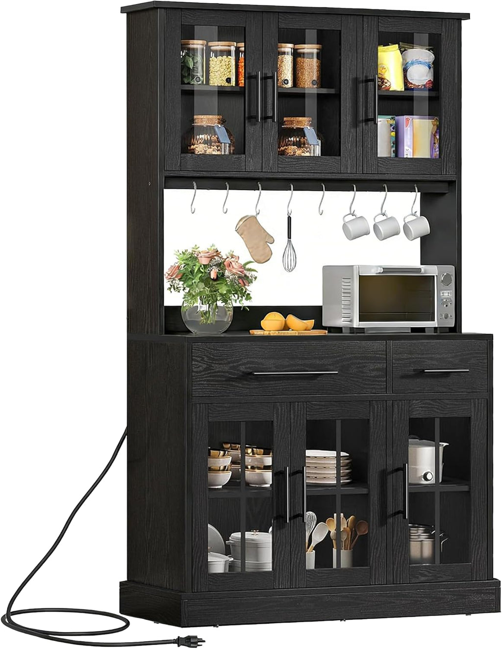 YITAHOME 71'' Kitchen Pantry Storage Cabinet with Microwave Stand, Tall Freestanding Hutch Cabinet with Power Outlet, Pantry Cabinets with Buffet Cupboard, Drawers and Acrylic Doors for Home, Black | Tall Freestanding Hutch Cabinet with Power Outlet