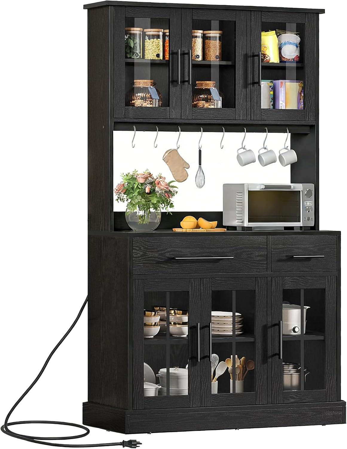 YITAHOME 71'' Kitchen Pantry Storage Cabinet with Microwave Stand, Tall Freestanding Hutch Cabinet with Power Outlet, Pantry Cabinets with Buffet Cupboard, Drawers and Acrylic Doors for Home, Black | Tall Freestanding Hutch Cabinet with Power Outlet