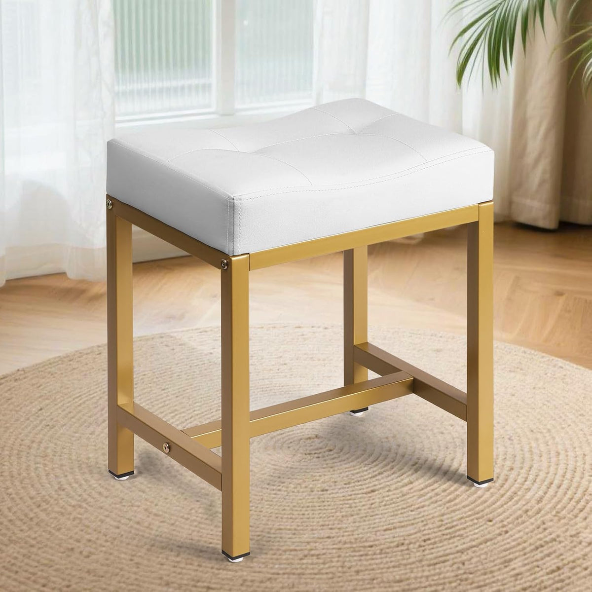 Saddle Seat Vanity Stool, Makeup Stool Chair with Metal Leg, U-Shaped PU Leather Ottoman Foot Rest, Small Square Chairs Under Desk for Vanity, Living Room, Modern Makeup Bench White&Gold
