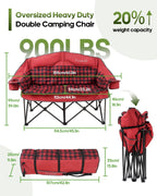 Double Camping Chair Padded Loveseat Camp Couch for Adults, Oversized 2 Person Love Seat with 2 in 1 Carry Bag, Heavy Duty Folding Outdoor Sofa with Cup Holders for Lawn Beach Tailgating, Red