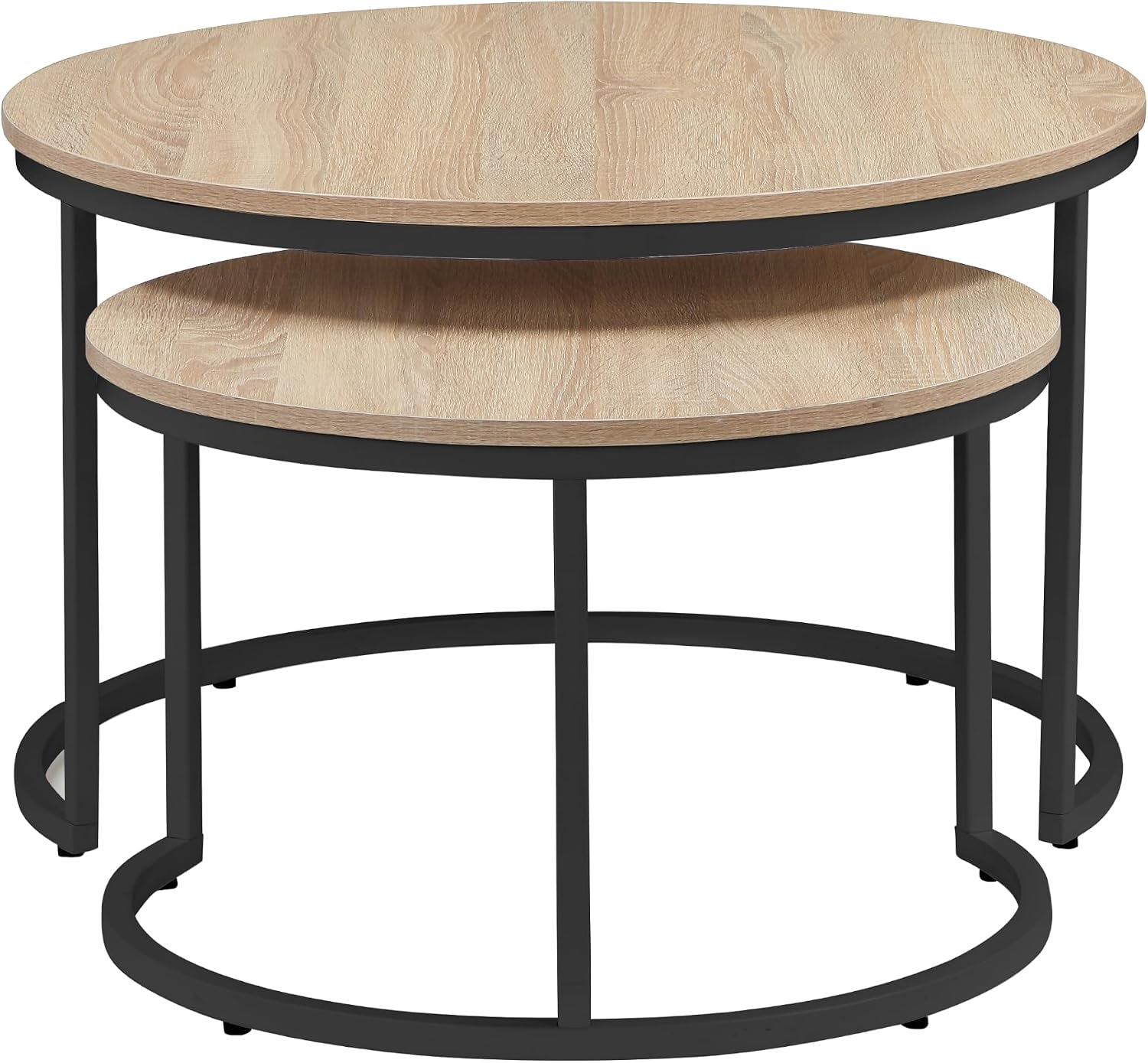 31.5 Inch Round Nesting Coffee Tables Set of 2, Oak‑Tone Stackable Side Tables with Sturdy Metal Legs, Space‑Saving Easy‑Assembly Accent Tables for Living Room