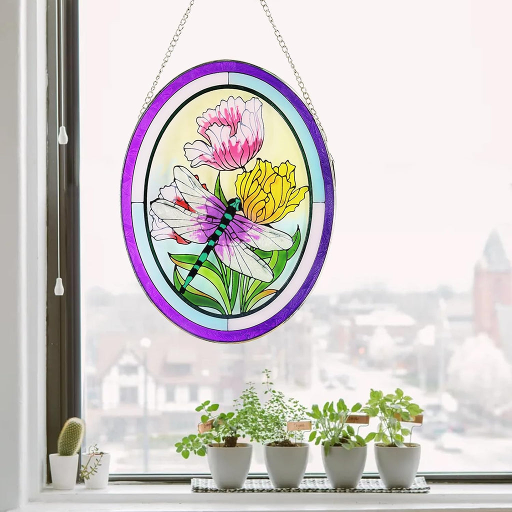 Stained Glass Window Hanging Dragonfly Suncatchers 10 Inch Glass Panel Sun Catchers Indoor Window Wall Art, Stained Glass Dragonfly Light Catchers for Windows Handmade Glass Art Gift