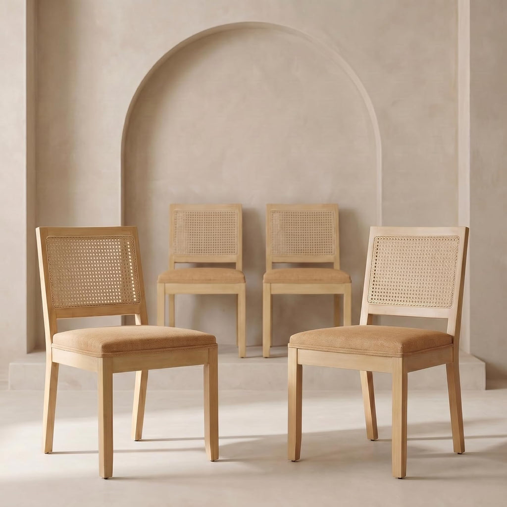 OVENTA Dining Chairs Set of 4, Rattan Back Upholstered Kitchen Chairs, Solid Rubberwood Frame, Boho Mid Century Dining Room Chairs, Brown Rattan