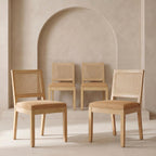OVENTA Dining Chairs Set of 4, Rattan Back Upholstered Kitchen Chairs, Solid Rubberwood Frame, Boho Mid Century Dining Room Chairs, Brown Rattan