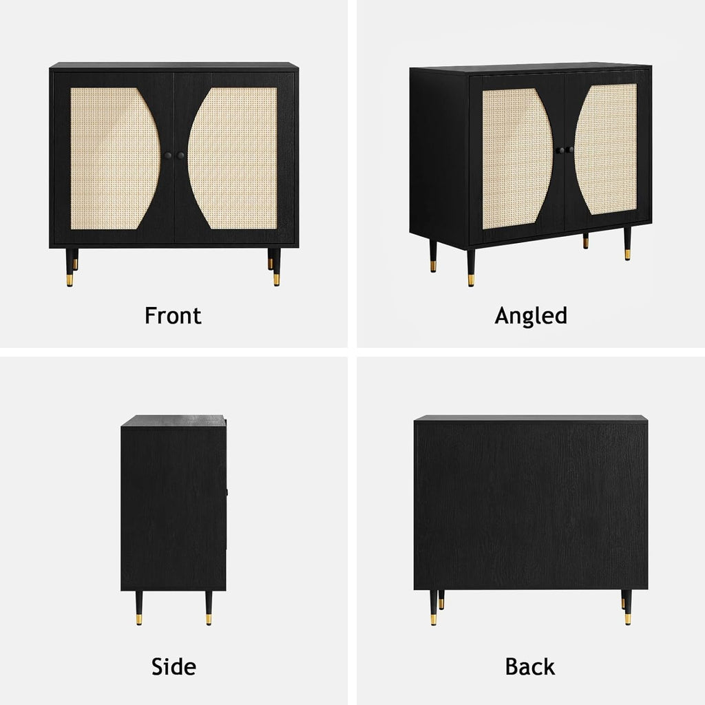 4ever2buy Rattan Buffet Cabinet with Storage, Black Sideboard Cabinet with Rattan Decor Doors, Buffet Table with Storage, Black Console Table with Adjustable Shelves, Living Room Cabinets