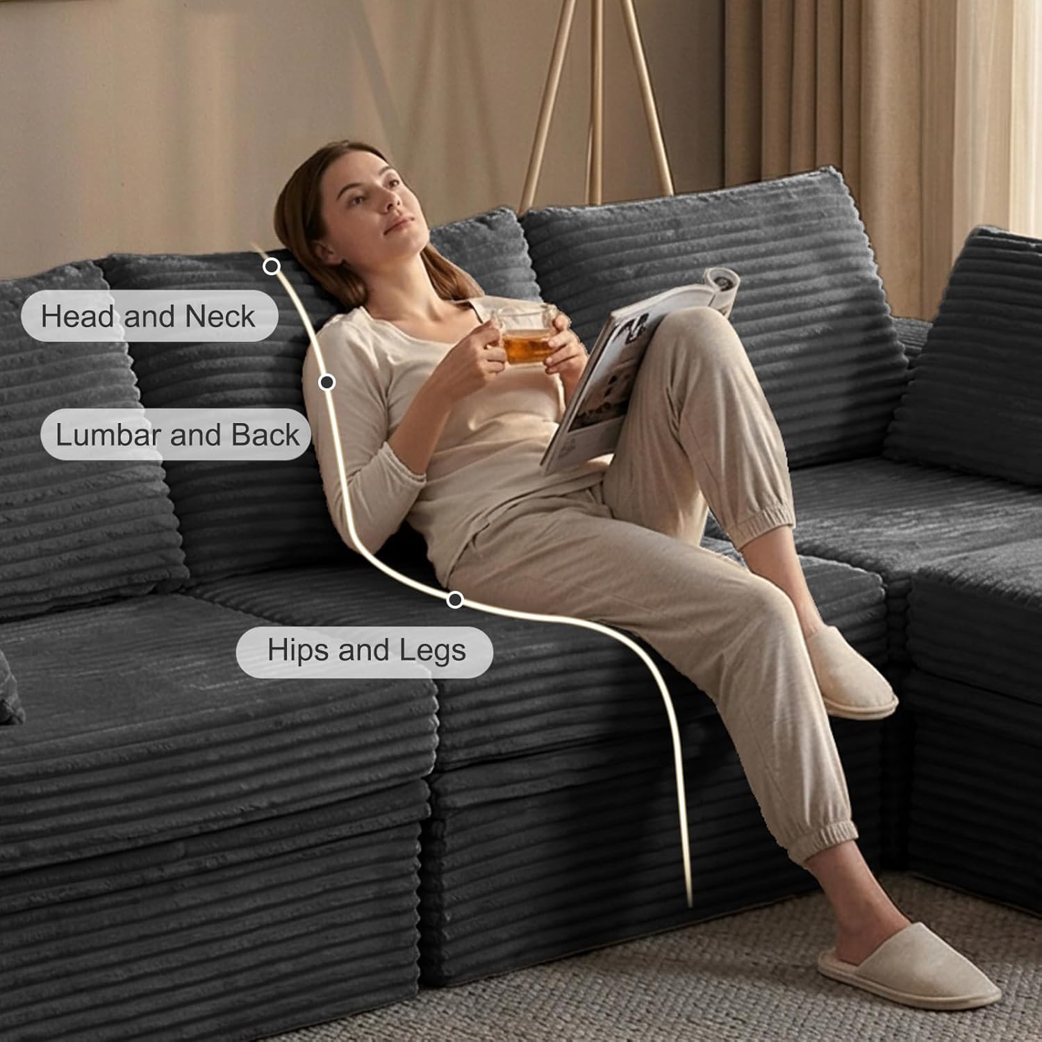 107'' Modular Sectional Sofa, Deep Seat Couch with Storage | Oversized High-Back for Living Room & RV | With Ottoman | High Density Foam & Corduroy | Tool-Free Assembly | Cozy Dark Gray