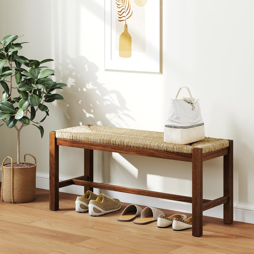 Giantex 40" Dining Bench with Woven Seagrass Woven Seat, Rubber Wood Legs, 350 Lbs Capacity, 40" x 14" x 18" Entryway Bench for End of Bed, Dining Room, Hallway, Living Room, Bedroom, Entry (1)