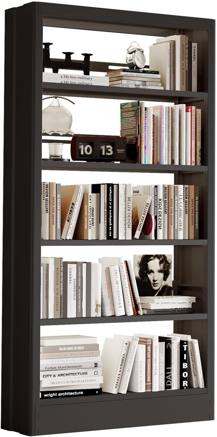 71"H Metal Bookshelf, 5 Tier Bookcase with Adjustable Shelves, Tall Bookcase,Heavy Duty Storage Bookshelves for Library, Office, Bedroom, Living Room, Classroom, Including Book Stopper (Black)