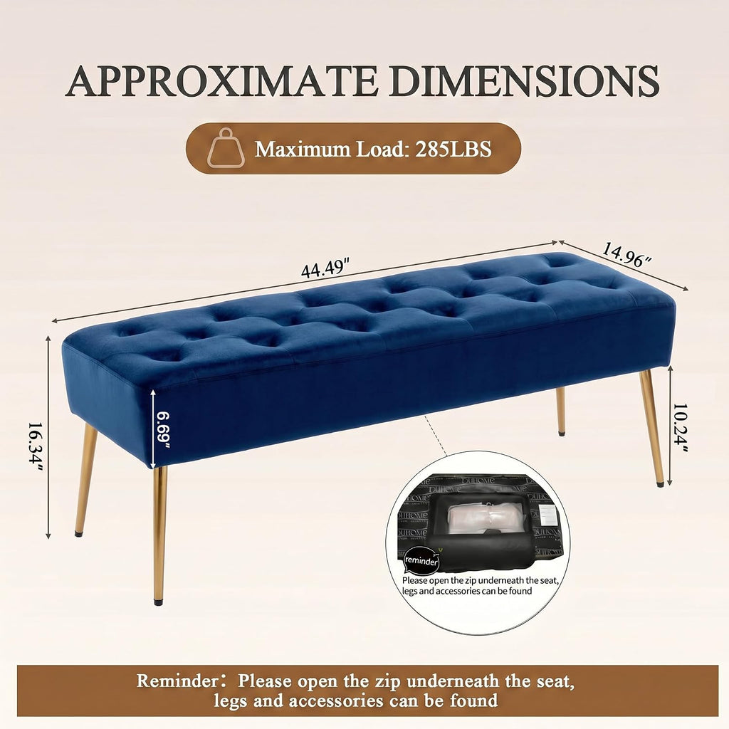 DUHOME Button-Tufted Ottoman Bench, Upholstered Bedroom Benches Velvet Footrest Stool Dining Bench Accent Bench for Entryway Dining Room Living Room Bedroom, Dark Blue